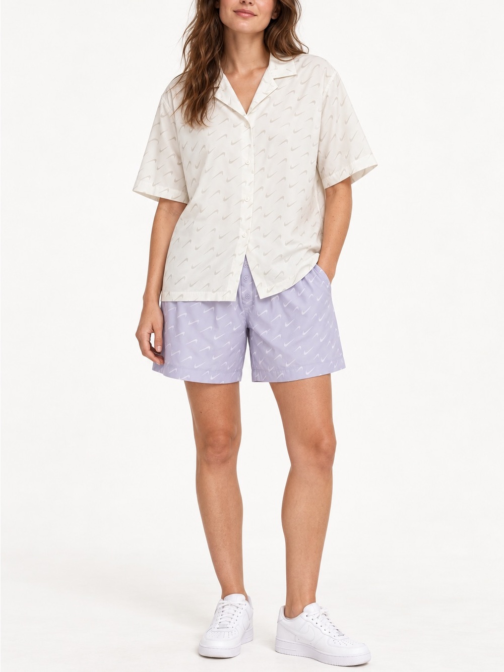 2 items: Nike White Short Sleeve Button-Down Shirt with Subtle Swoosh Print